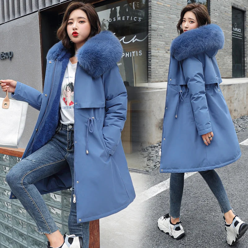 Thiened Fce Women's Cotton Jaet Korean Sle Slim Fit Mid-Length Parka Coat Warm Casual Outerwear for Winter Season