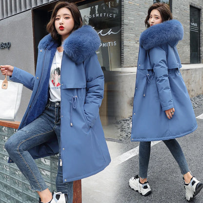 Thiened Fce Women's Cotton Jaet Korean Sle Slim Fit Mid-Length Parka Coat Warm Casual Outerwear for Winter Season