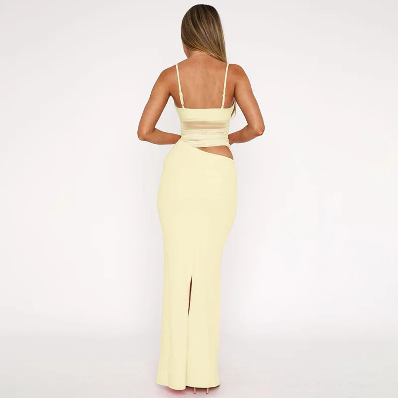 Mesh Thin Shoulder Strap Women's Plus Size Dress Sexy High Street Low Collar Patch Long Robe Women's Party Vest