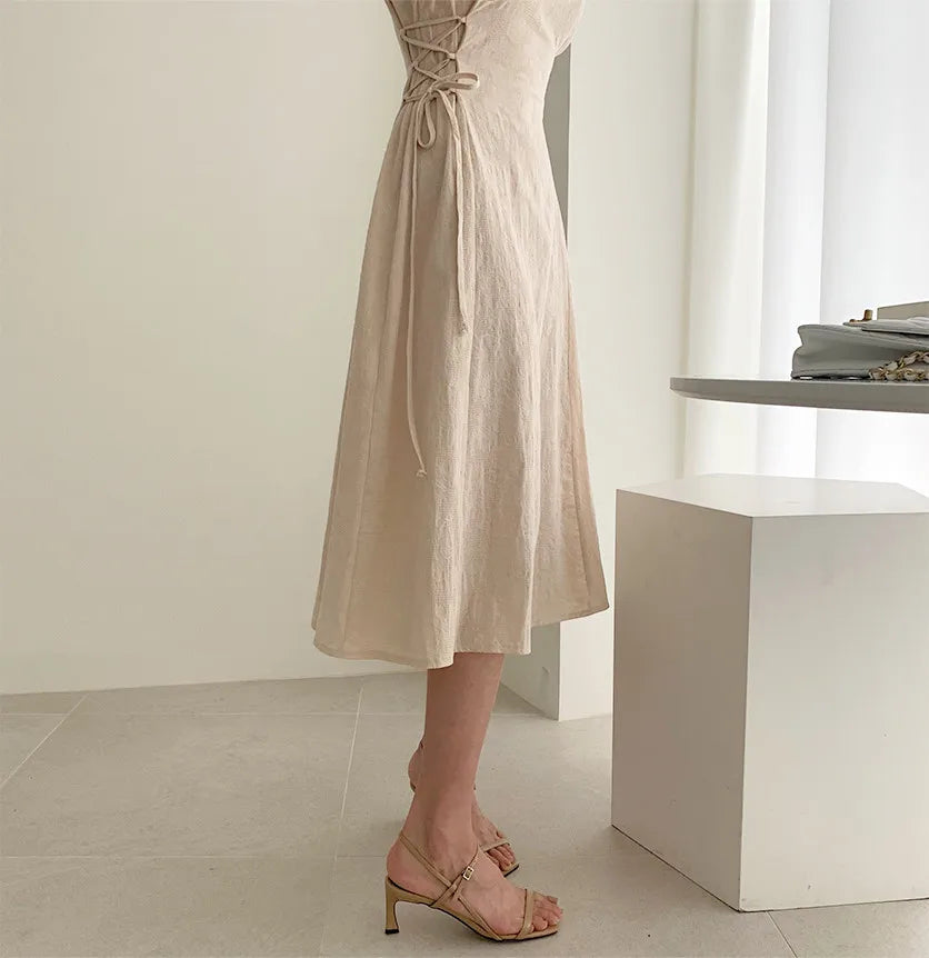 Cotton Linen Dress Long New Hot Sales Woman Short Sleeve Solid Retro Vintage Long Dresses