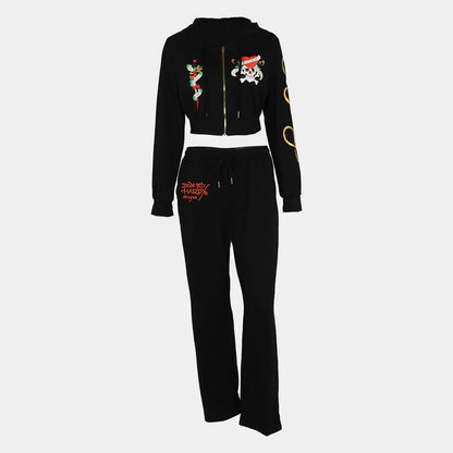 Bangniweigou Skull Love Print Zipper Short Cardigan + High Waist Straight Leg Pants Two Piece Set Women Tracksuit Autumn Winter Black