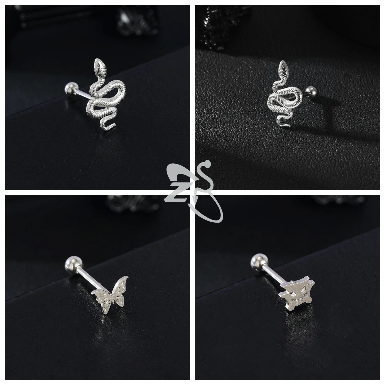 ZS 1 Piece 14G Stainless Steel Tongue Piercing Ring Colorful Butterfly Bone Tongues Stud Punk Skull Snake Body Piercings Jewelry