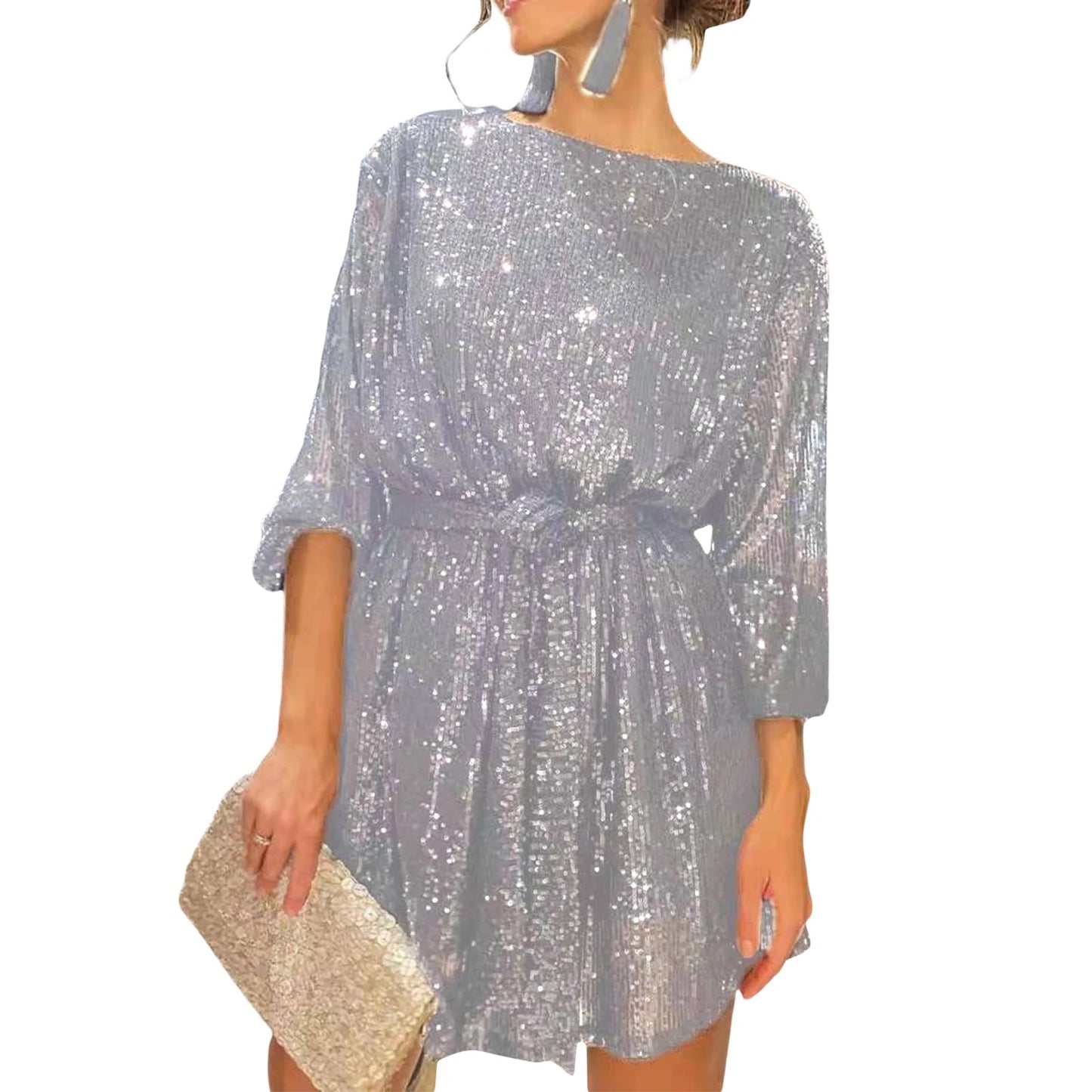 2024 New Fashion Women´s Autumn Sequin Party Dress, Sparkle Long Sleeve Round Neck Short Cocktail Dress with Belt Badiee Stylez
