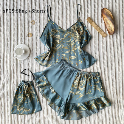 Four Pieces Pajamas Set Printed Little Cherry Sleepwear Women Satin Nightgown With Suspender Sling&Shorts Summer Home Clothes Green Cherry D