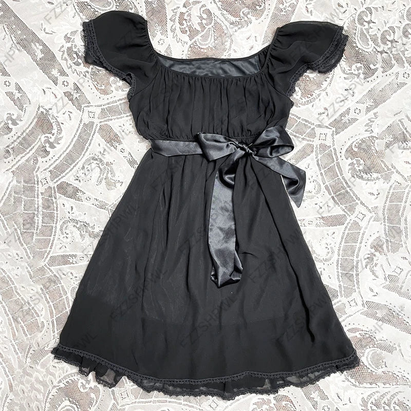Streetwear Lace Unique Y2K Dress Bowknot Harajuku Frock Fashion Goth A-line skirt Vintage Punk Casual Skirt Hip Hop Braces skirt black