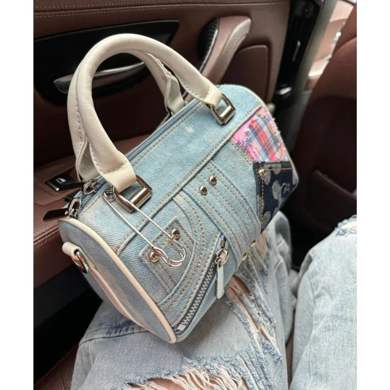 JIAERDI Retro Denim Messenger Bag Purse Women Vintage Patchwork Handle Y2k Bowling Bag Ladies Hot Girls Crossbody Hand Bags New