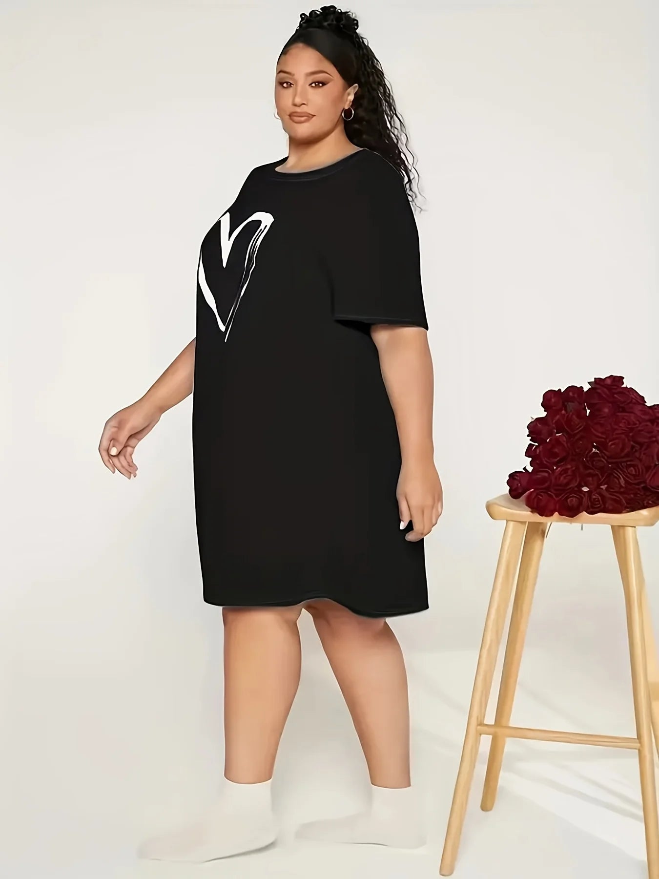 Summer Women's Plus Size Let Me Sleep Graphic T-shirts Dress Short Sleeve Round Neck Casual Sleepwear with Heart Design Dress