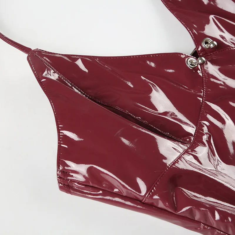 New y2k Solid Metal Button Women’s Halter Tops Sleeveless Pu Leather Punk Baddie Slim Women Blouses Streetwear Clothing Crop Top