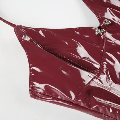 New y2k Solid Metal Button Women’s Halter Tops Sleeveless Pu Leather Punk Baddie Slim Women Blouses Streetwear Clothing Crop Top