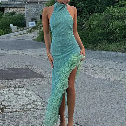 Sexy Sleeveless Hollow Irregular Long Dress Fashion Backless Slim Fit Party Dress Lady Elegant Feather Patchwork Suspender Dress 01 Green(Long)