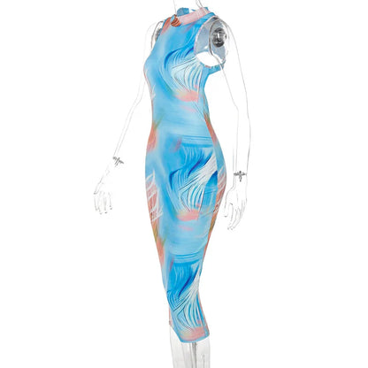 Hugcitar Tie Dye O Neck Sleeveless Backless Sexy Bodycon Slit Midi Dress 2023 Summer Women Fashion Clothes Y2K Streetwear Party