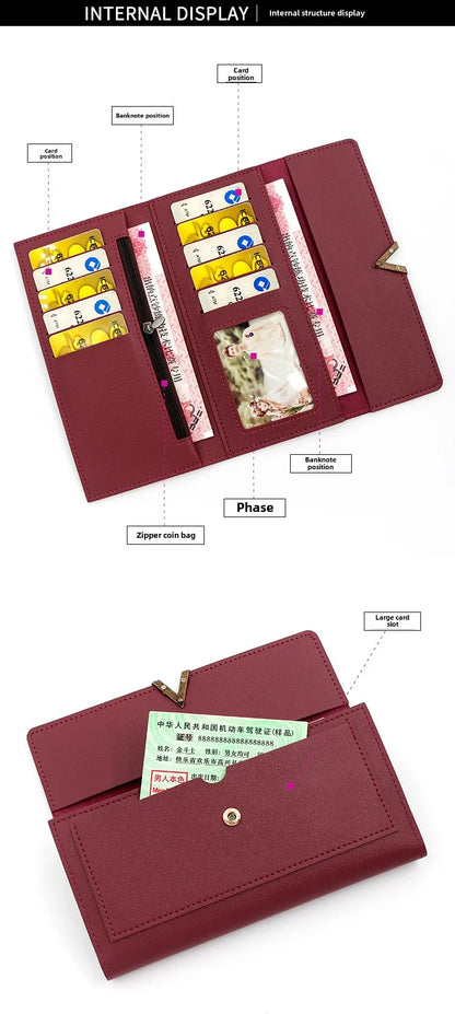 New Korean version women's wallet long V-shaped buckle three fold wallet for women, hand-held bag, change card bag