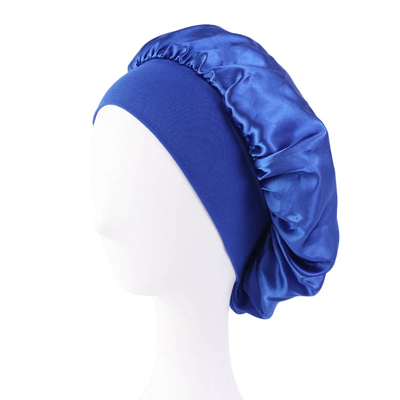 Women's Satin Solid Bonnets Wide-brimmed Night Sleeping Bathing Hat Unisex Head Wrap Elastic Band Cap Hair Care Bonnet royal blue One Size