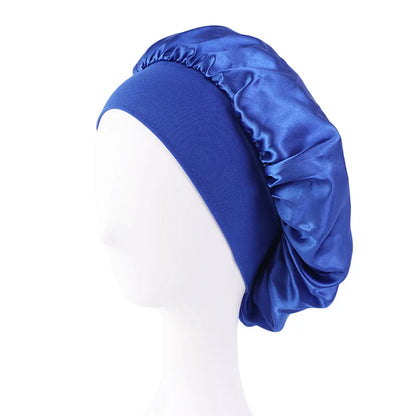 Women's Satin Solid Bonnets Wide-brimmed Night Sleeping Bathing Hat Unisex Head Wrap Elastic Band Cap Hair Care Bonnet royal blue One Size