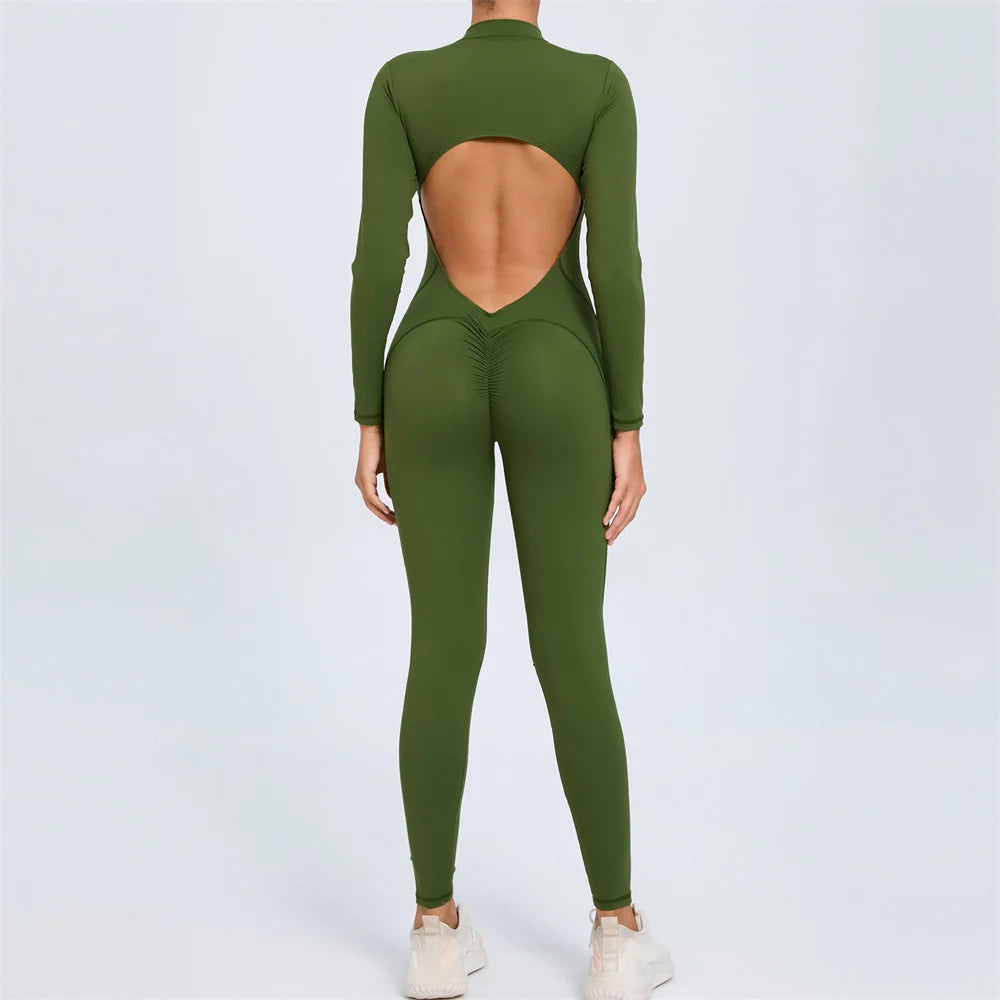2025 Pad Zipper Long Sleeve Yoga Set Women One Piece Jumpsuit Gym Workout Shorts Fitness Bodysuit Sports Athletic Suit XP358 Badiee Stylez