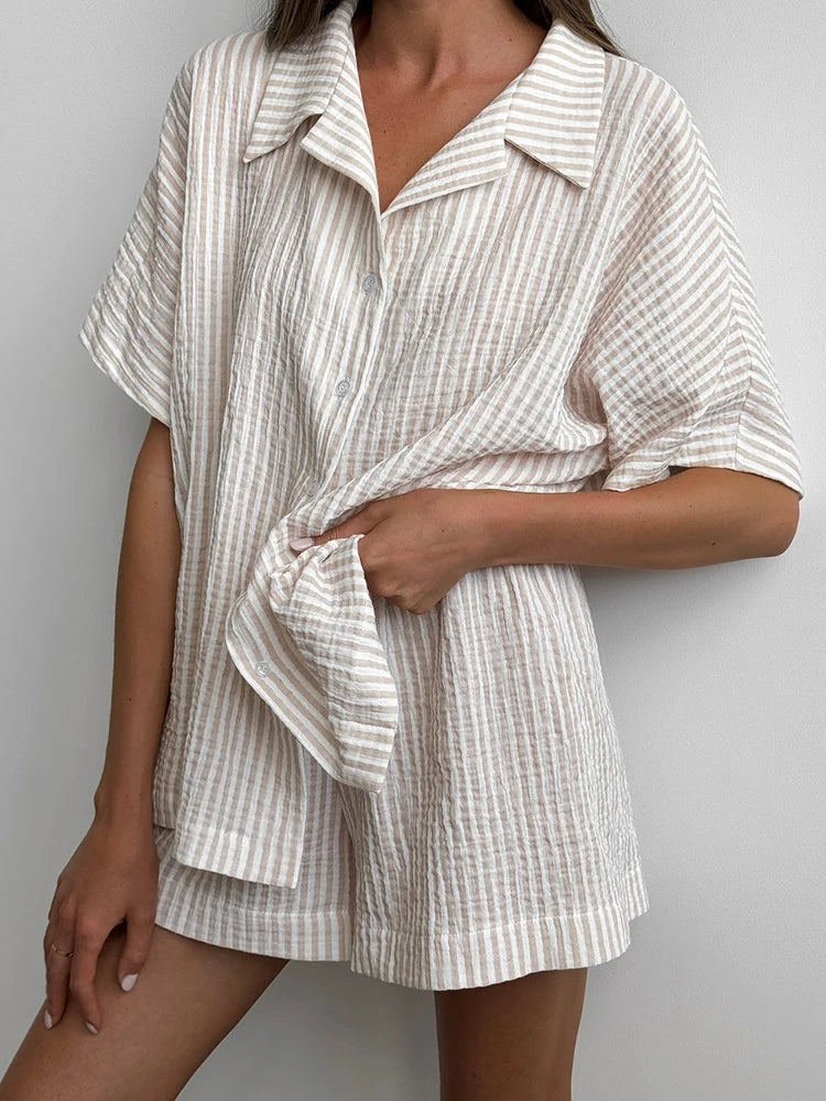 Hiloc Elegant Cotton Stripe Shorts Suits Pajamas Summer Short Sleeve Blouse With Elastic Waist Shorts 2 Piece Sets Home Outfits