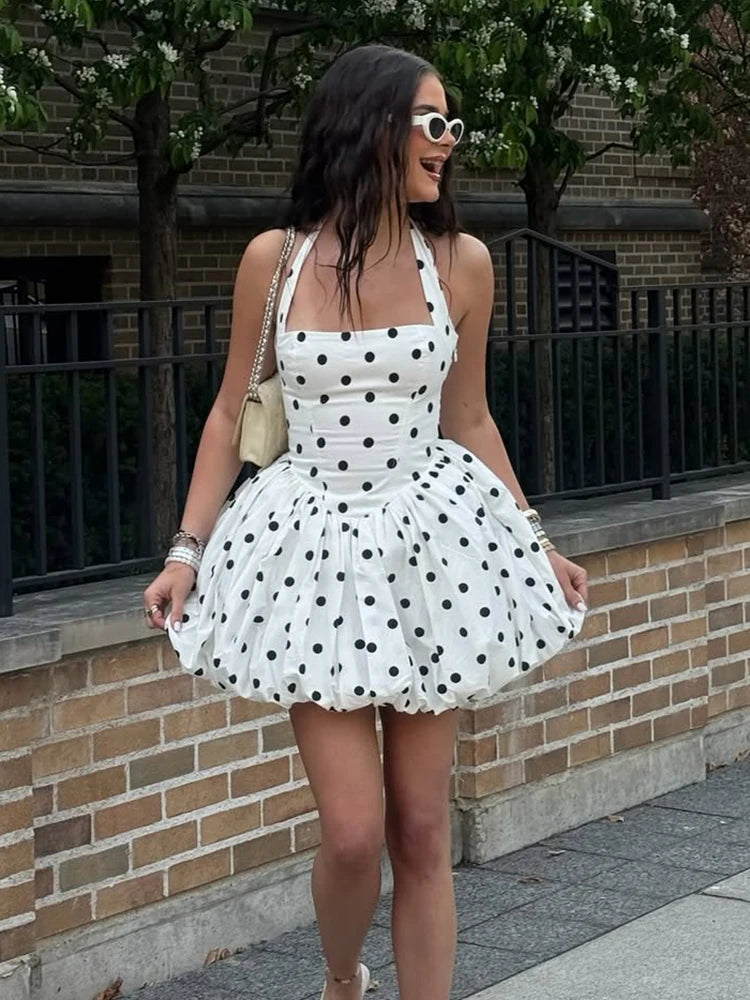 TARUXY Polka Dot Vacation Mini Dress For Women High Waist A-line Ball Gown Dress Sleeveless Halter Neck Female Summer Fashion