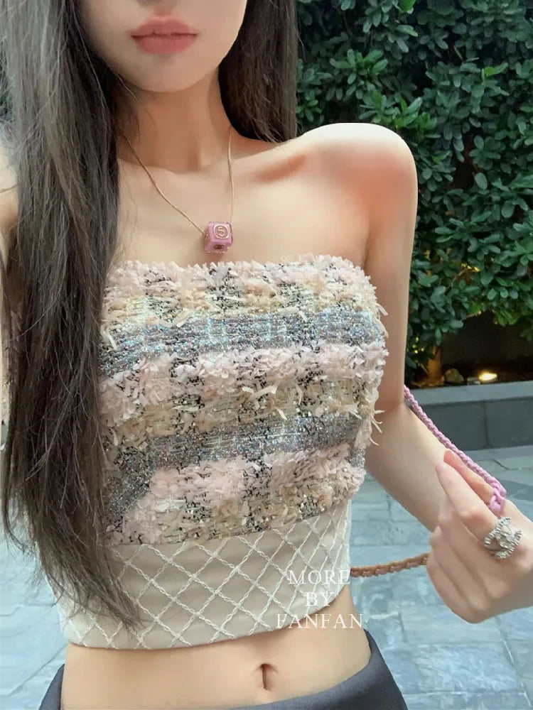Sexy Camis Plaid Chic tube top Slim Korean Tanks Top Sleeveless Elegant Crop Top Summer Women Bustier