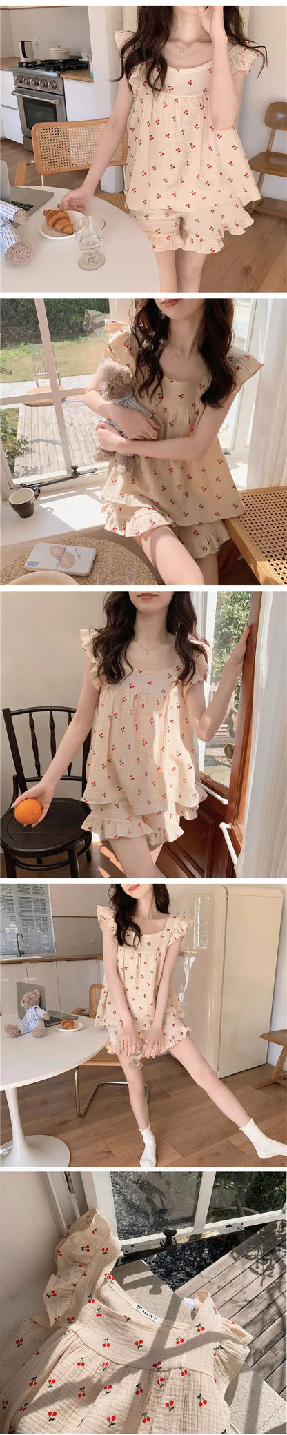 Summer Pajamas Loungewear Set Women's Summer Suspender Pajama Set Student Vest Shorts Foam Insy Style Two-Piece Loungewear Set