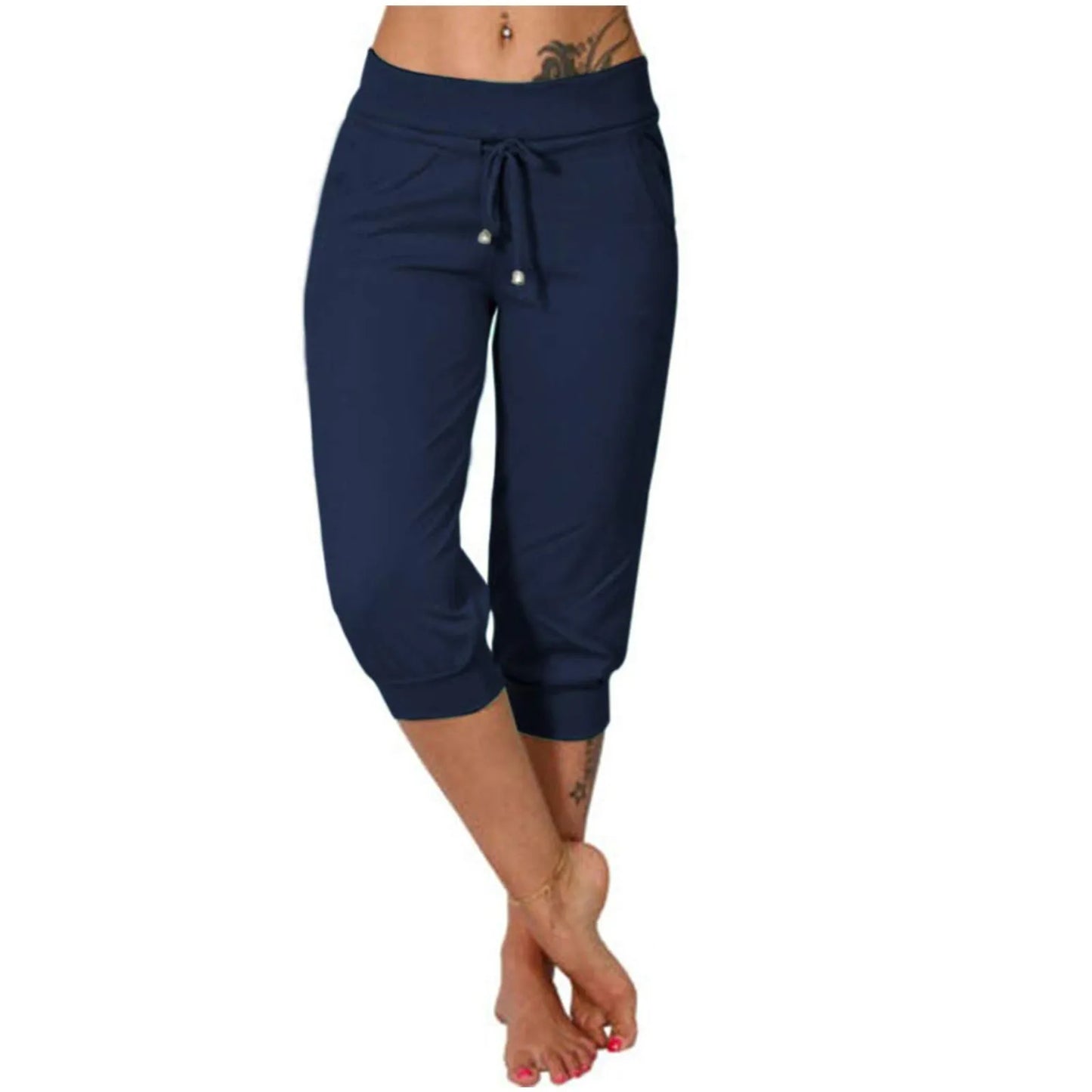 Classic Solid Color Jogging Pants Women Cotton Linen Capris Trousers Bandage Double Pocket Pants Summer Beach Vacation Wear
