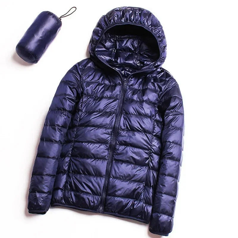 2024 Hooded Jackets Autumn Plus Size 7xl 6xl 5xl Fall Women's Lightweight Water-Resistant Packable Winter Warm Female Down Coats Navy Blue