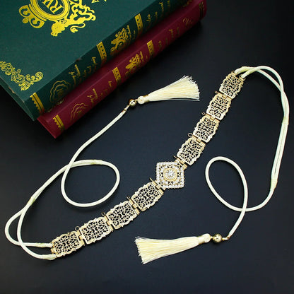 Sunspicems Thin Women Hand Rope Belt Gold Color Crystal Morocco Waist Chain Belt Caftan Abaya Body Chain Arabic Bride Jewelry