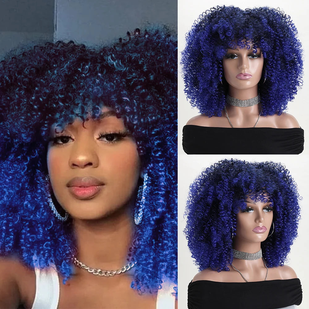 16 Inch Afro Kinky Curly Hair Wigs With Bangs Soft Fluffy Synthetic Fiber None Lace Wigs For Party Cosplay Daily Use Badiee Stylez
