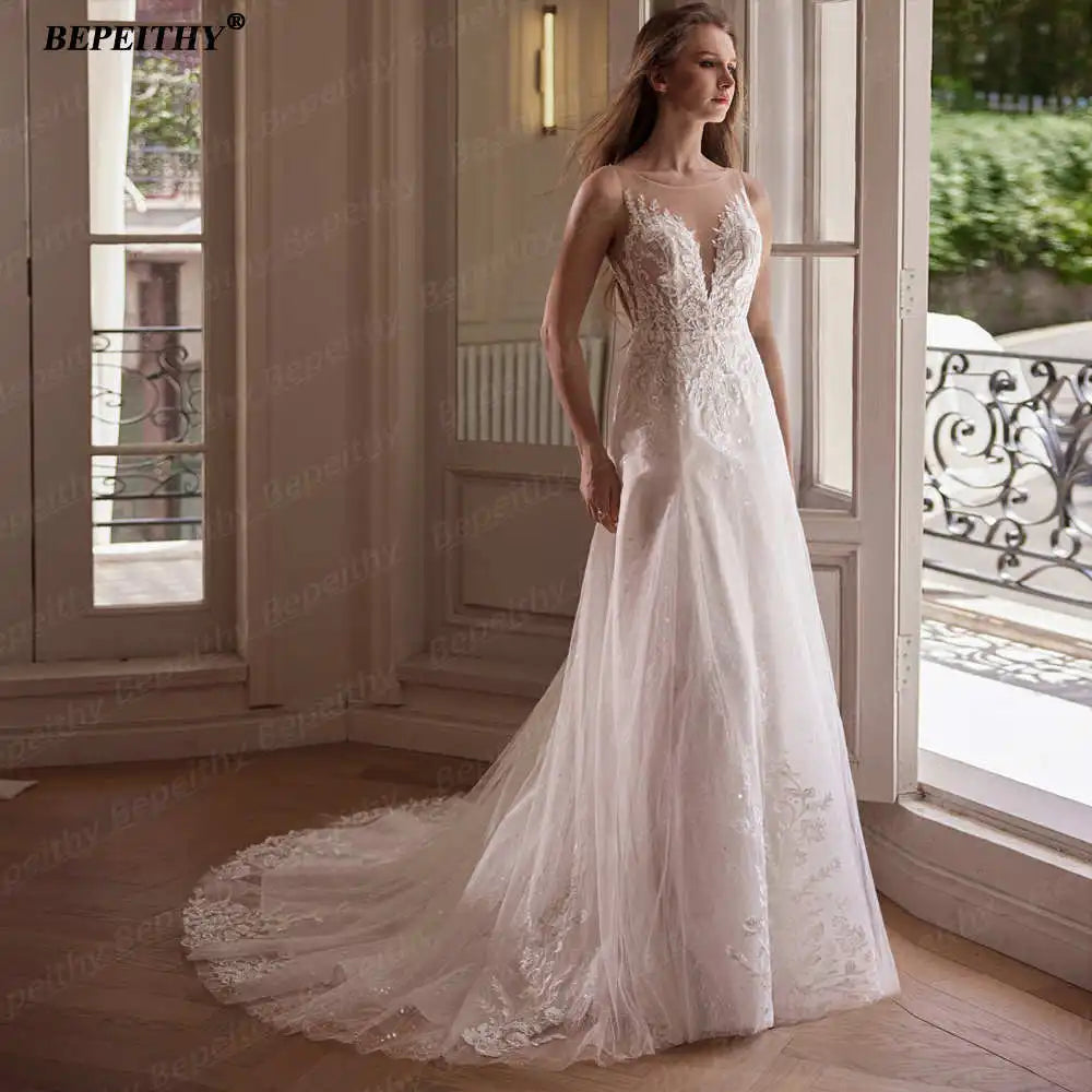 BEPEITHY Customized Strapless A Line Off Shoulder Long Sleeves Bride Ivory Wedding Dresses Glitter Court Train Bridal Gown 2025 Badiee Stylez