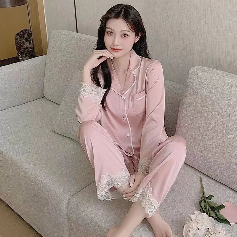 Women's Gray Ink Painting Ice Silk Pajamas Ladies Spring and Autumn Thin Long-Sleeved High-End Sleepwear Loungewear Cherry Print