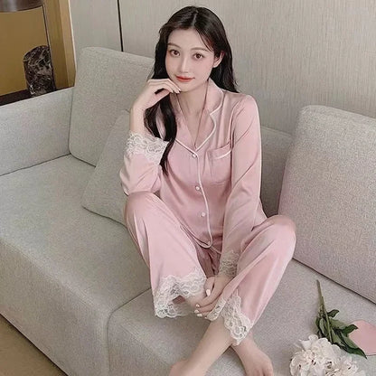 Women's Gray Ink Painting Ice Silk Pajamas Ladies Spring and Autumn Thin Long-Sleeved High-End Sleepwear Loungewear Cherry Print
