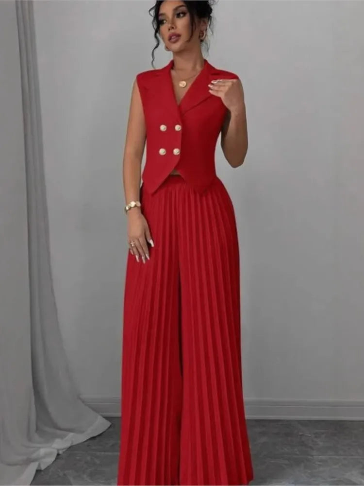 Women Fashion Solid Office Suit Casual Slim Button Two Piece Set Elegant Turn Down Collar Sleeveless Blazer&Pleat Pants Outfits