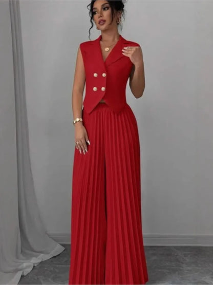 Women Fashion Solid Office Suit Casual Slim Button Two Piece Set Elegant Turn Down Collar Sleeveless Blazer&Pleat Pants Outfits
