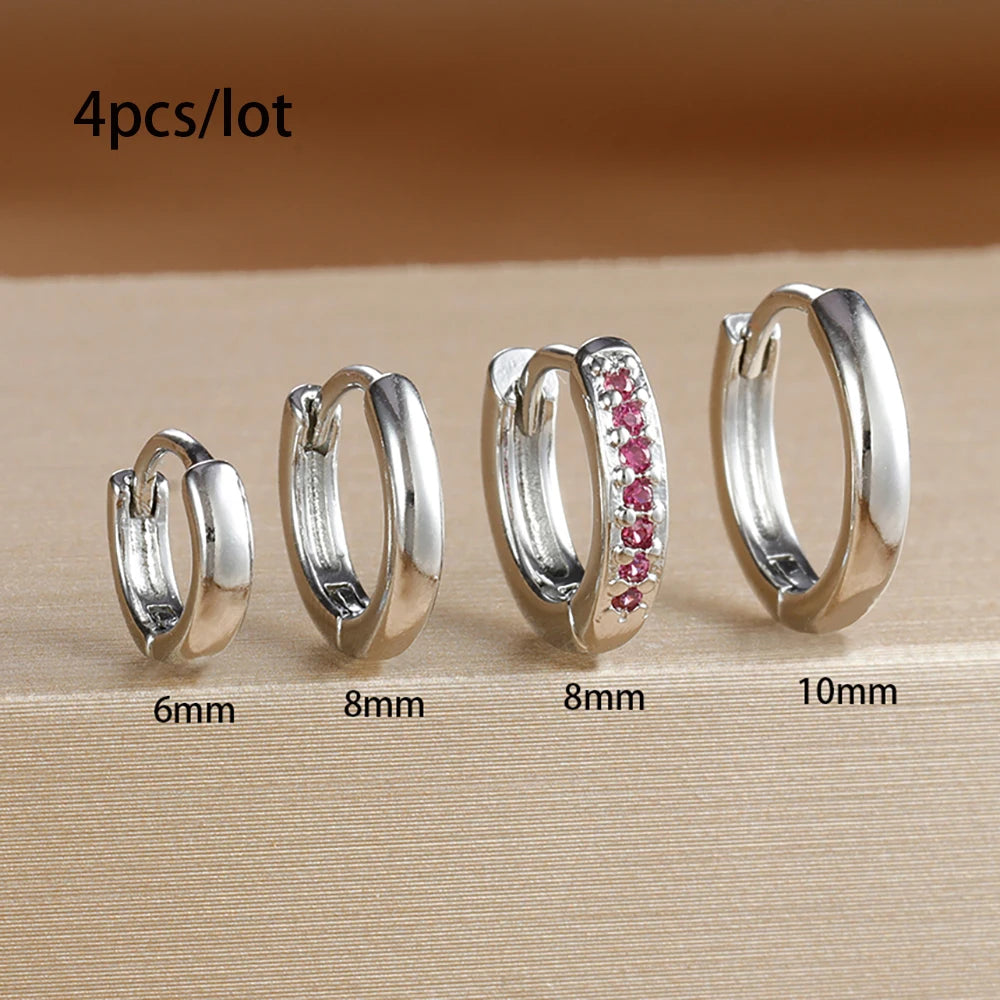 4PCS Set Stainless Steel Huggie Minimal Hoop Earrings 6/8/10mm Crystal Zirconia Helix Tragus Cartilage Earrings Piercing Jewelry Badiee Stylez