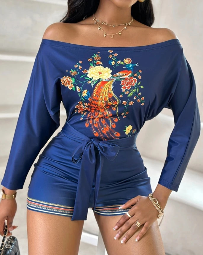 Sexy Elegant Rose Print Off Shoulder Tied Detail Romper New Fashion 2024 Summer Casual Jumpsuits One Pieces Female Clothing