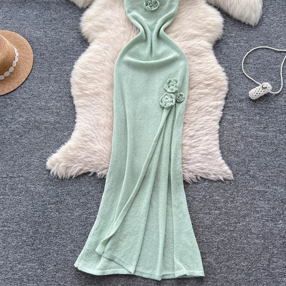 SINGREINY Halter 3D Floral Maxi Sundress Women Sleeveless Bodycon Elastic Beach Dress Vacation Knitted Split Sexy Long Dress