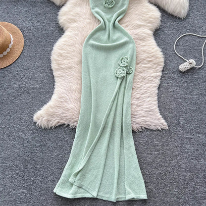 SINGREINY Halter 3D Floral Maxi Sundress Women Sleeveless Bodycon Elastic Beach Dress Vacation Knitted Split Sexy Long Dress