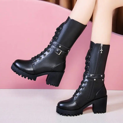 Winter New Solid Color Thick Sole Increase Buckle Design Model Boots Round Head Square Heel Non-slip Women's Mid-calf Boots Badiee Stylez