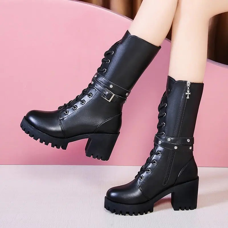 Winter New Solid Color Thick Sole Increase Buckle Design Model Boots Round Head Square Heel Non-slip Women's Mid-calf Boots Badiee Stylez