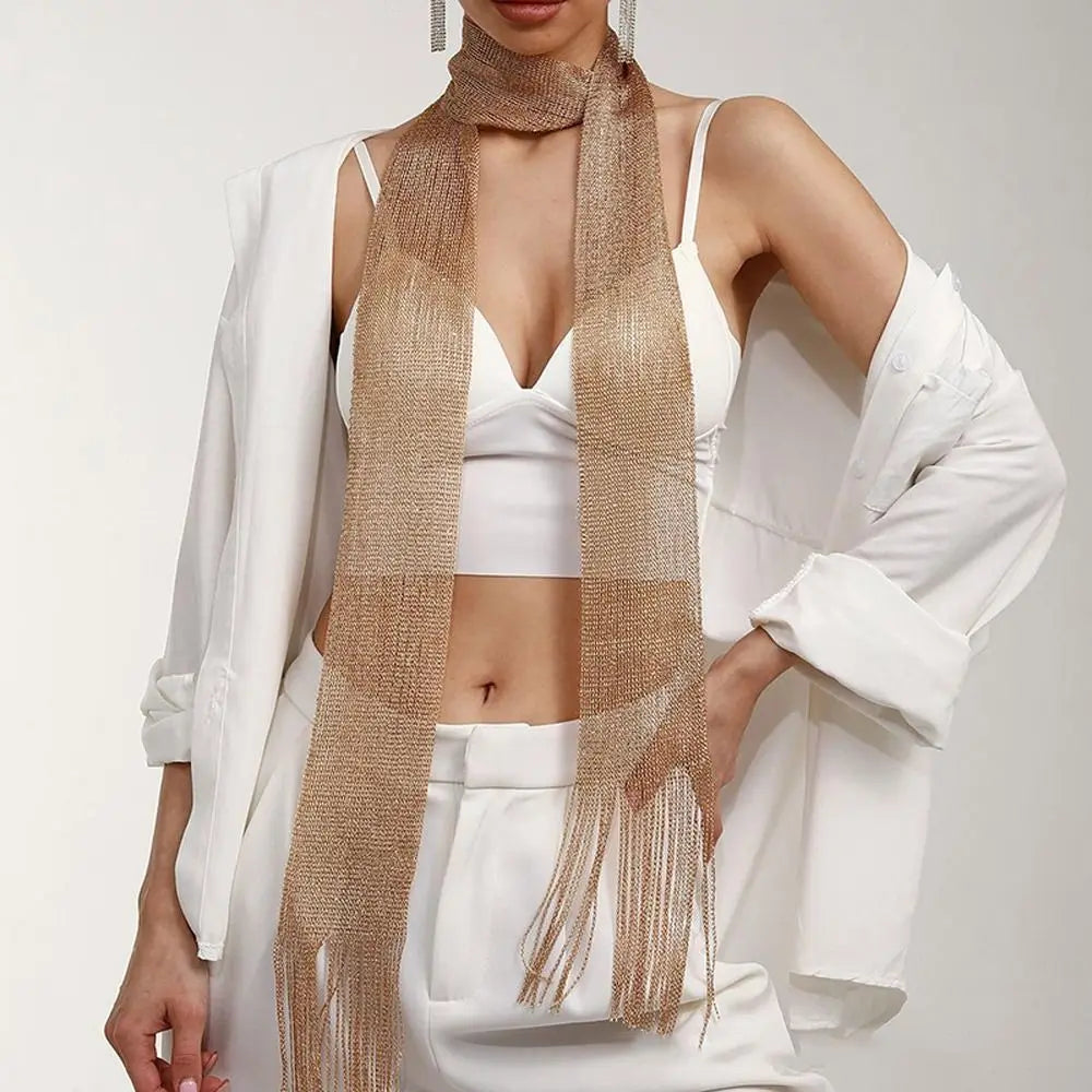 Fashion Lace Tassel Scarf Thin Long Glitter Bright Silk Sunscreen Shawl Shiny Lace Necklace For Women Party Evening Dress Scarf Gold