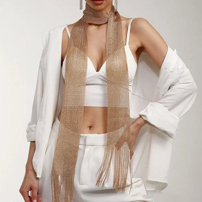 Fashion Lace Tassel Scarf Thin Long Glitter Bright Silk Sunscreen Shawl Shiny Lace Necklace For Women Party Evening Dress Scarf Gold