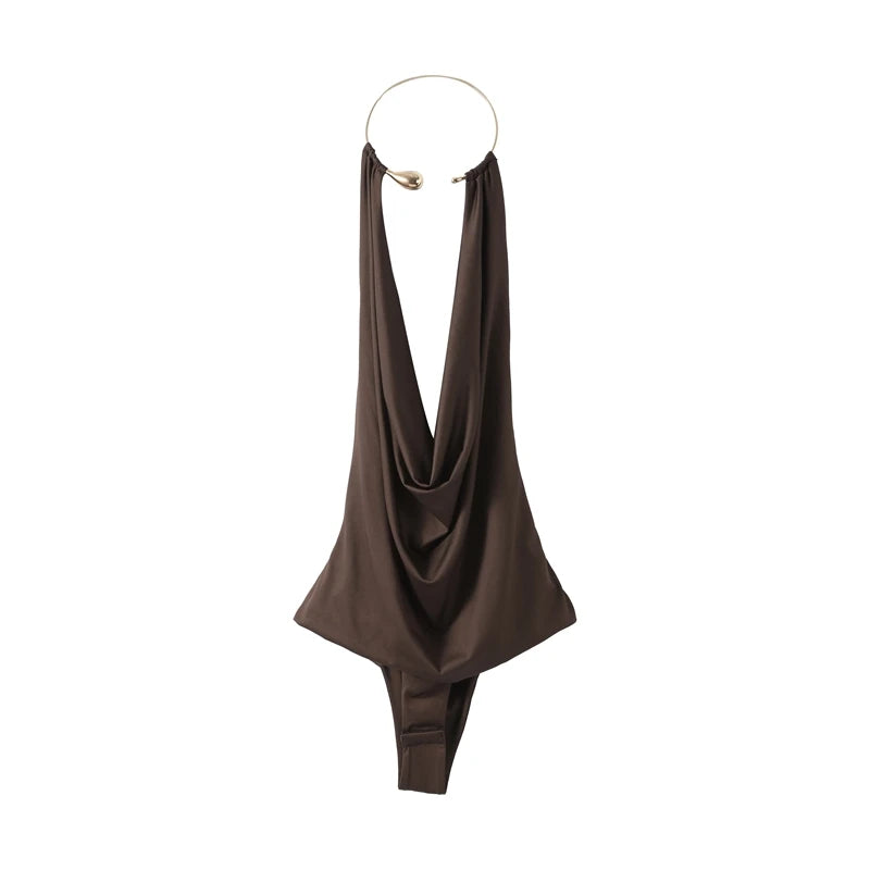 Sexy Metal Halter Deep V-neck Jumpsuits Women High Street Backless Sleeveless Short Bodysuit 2025 Summer New Lady Slim Clubwear