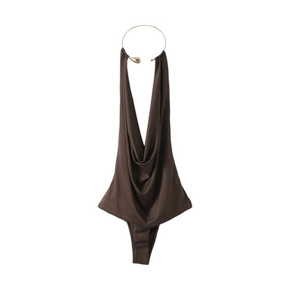 Sexy Metal Halter Deep V-neck Jumpsuits Women High Street Backless Sleeveless Short Bodysuit 2025 Summer New Lady Slim Clubwear