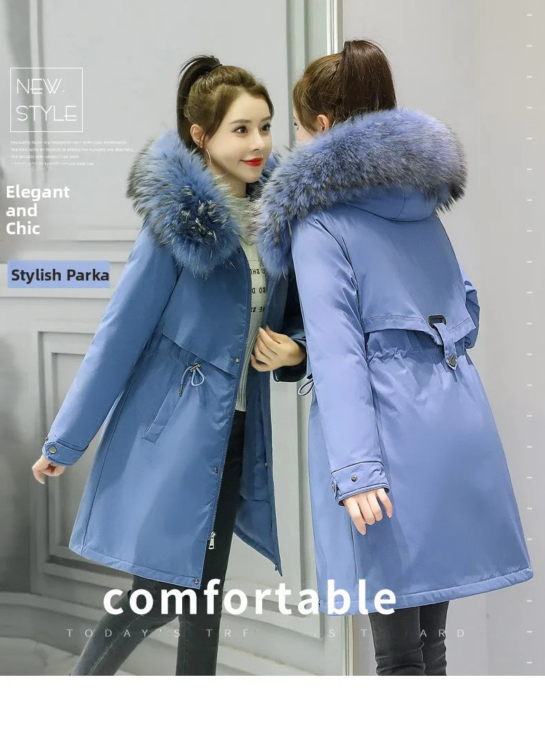 Thiened Fce Women's Cotton Jaet Korean Sle Slim Fit Mid-Length Parka Coat Warm Casual Outerwear for Winter Season