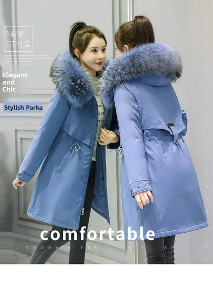 Thiened Fce Women's Cotton Jaet Korean Sle Slim Fit Mid-Length Parka Coat Warm Casual Outerwear for Winter Season