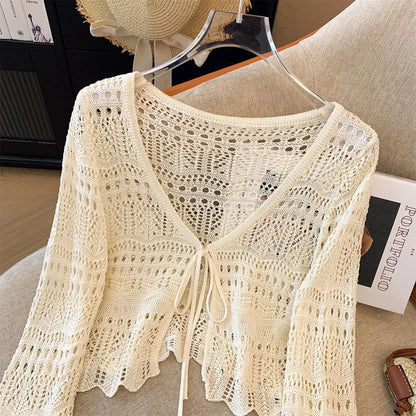 French Mori Girl Style Women's Hollow Out Crochet Sun Protection Commuter Knitted Cardigan Long-sleeved Sweet Short Top