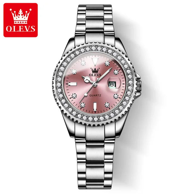 OLEVS Original Diamond Dial Quartz Watch for Women Fashion Elegant Ladies Watches Stainless Steel Waterproof Women's Wristwatch Silver Pink-GDBF