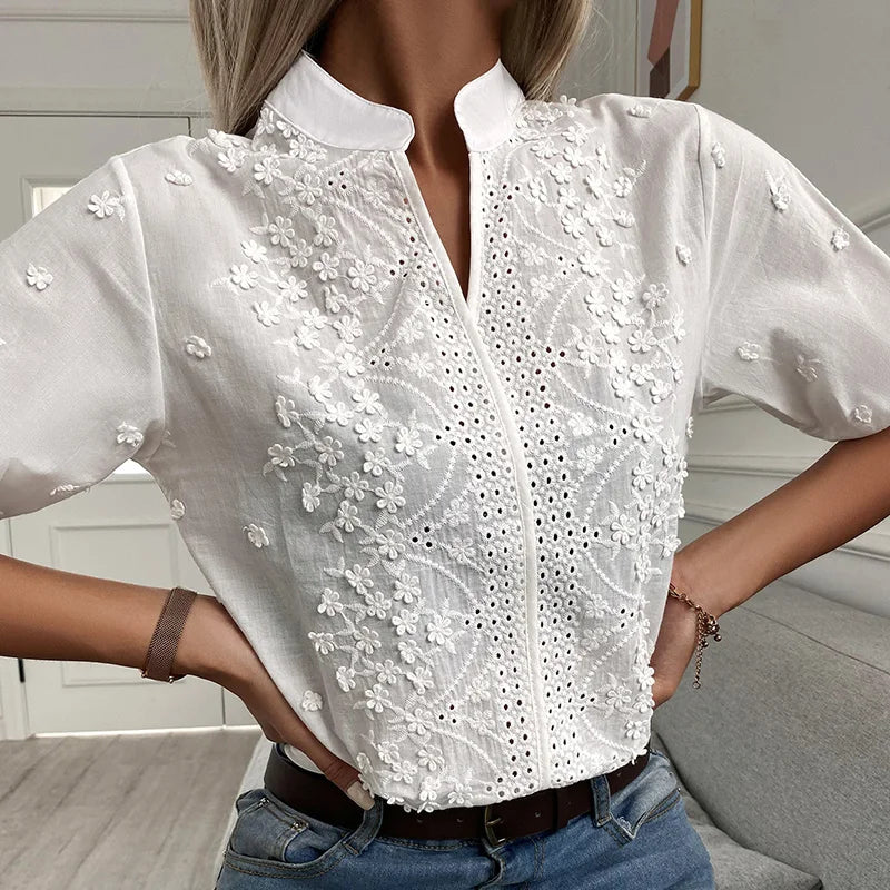 Summer Floral Embroidery Lace Blouse Fashion Women V Neck Casual Shirt Chic Short Sleeve Hollow Out Tops Elegant Blusas 24350