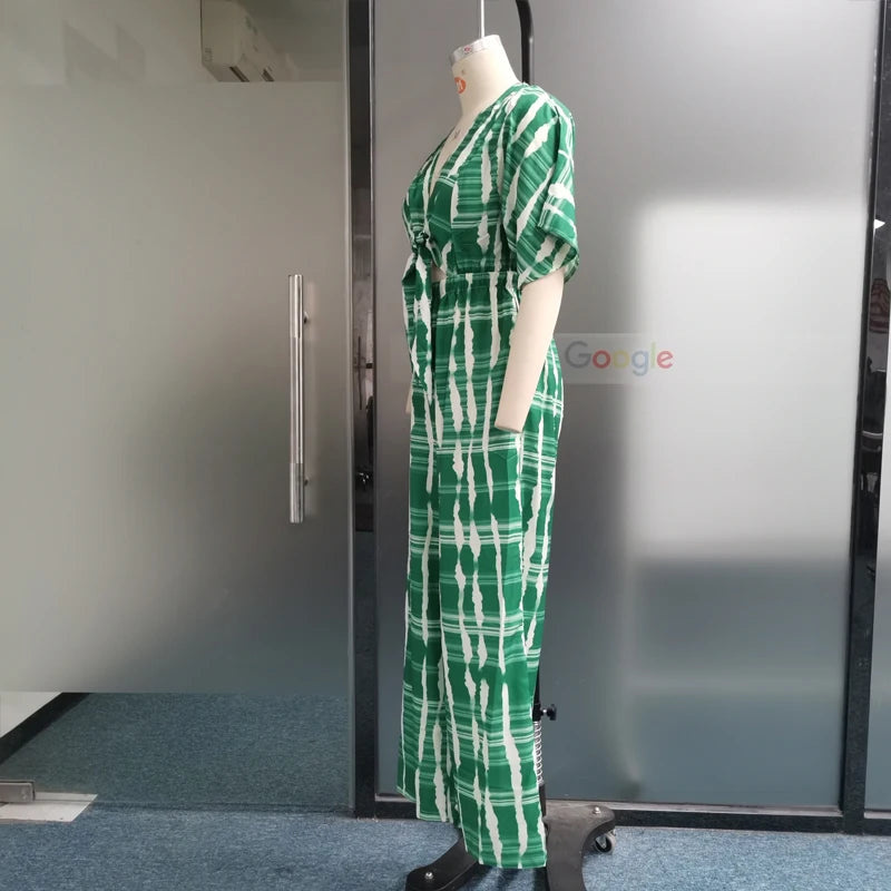 Wefads Women Jumpsuit Dolman Sleeves V Neck Lace Up Nipped Waist Printing Loose Wide Legs Casual Pants Romper High Streetwear Badiee Stylez