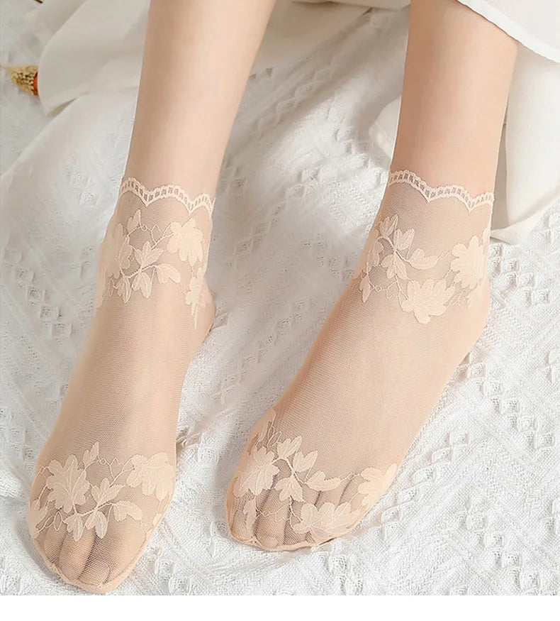5 Pairs/Lot Socks women's Lace Transparent Lolita Invisible Summer Thin Non-slip Short Ankle Black Low Cut Boat Sock