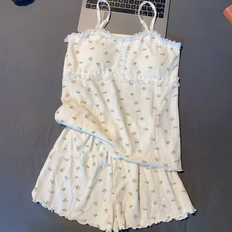 Floral Sleepwear Women Pajama Sets with Pad Pijama Shorts Suit Summer Korean Spaghetti Stap Night Wear Sleeping 2 Pieces 2024 Beige